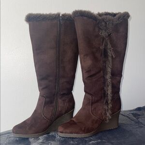 Brown Faux Fur Trimmed Tall Boots with Wedge Heel Size 9.5